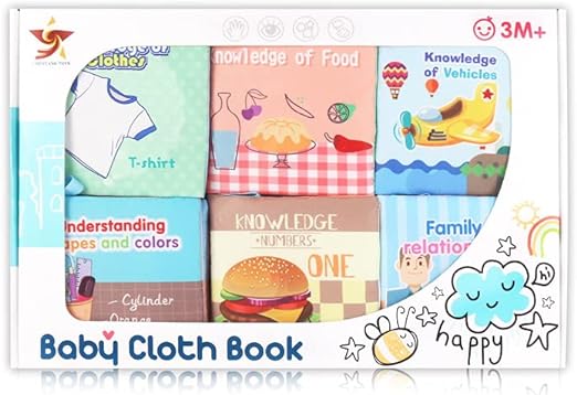 Washable Cloth Books For Babies 6 Pieces Family Shapes Colors Food Numbers Vehicles Clothes
